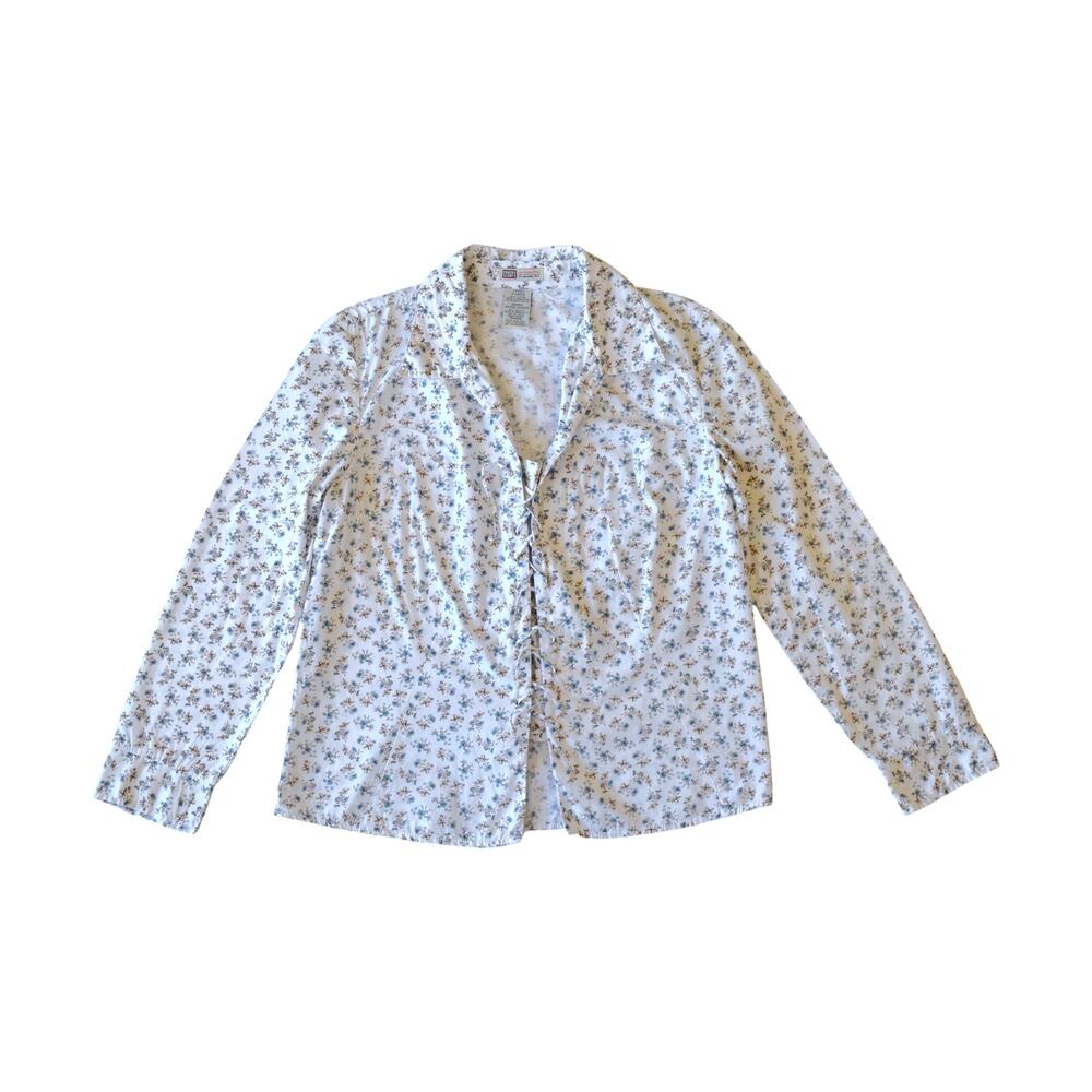 Vintage 90s Cottagecore Floral Lace Up Front Long Sleeve Shirt Size XL